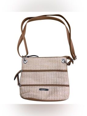 Rosetti Beige Straw Crossbody with Brown Trim